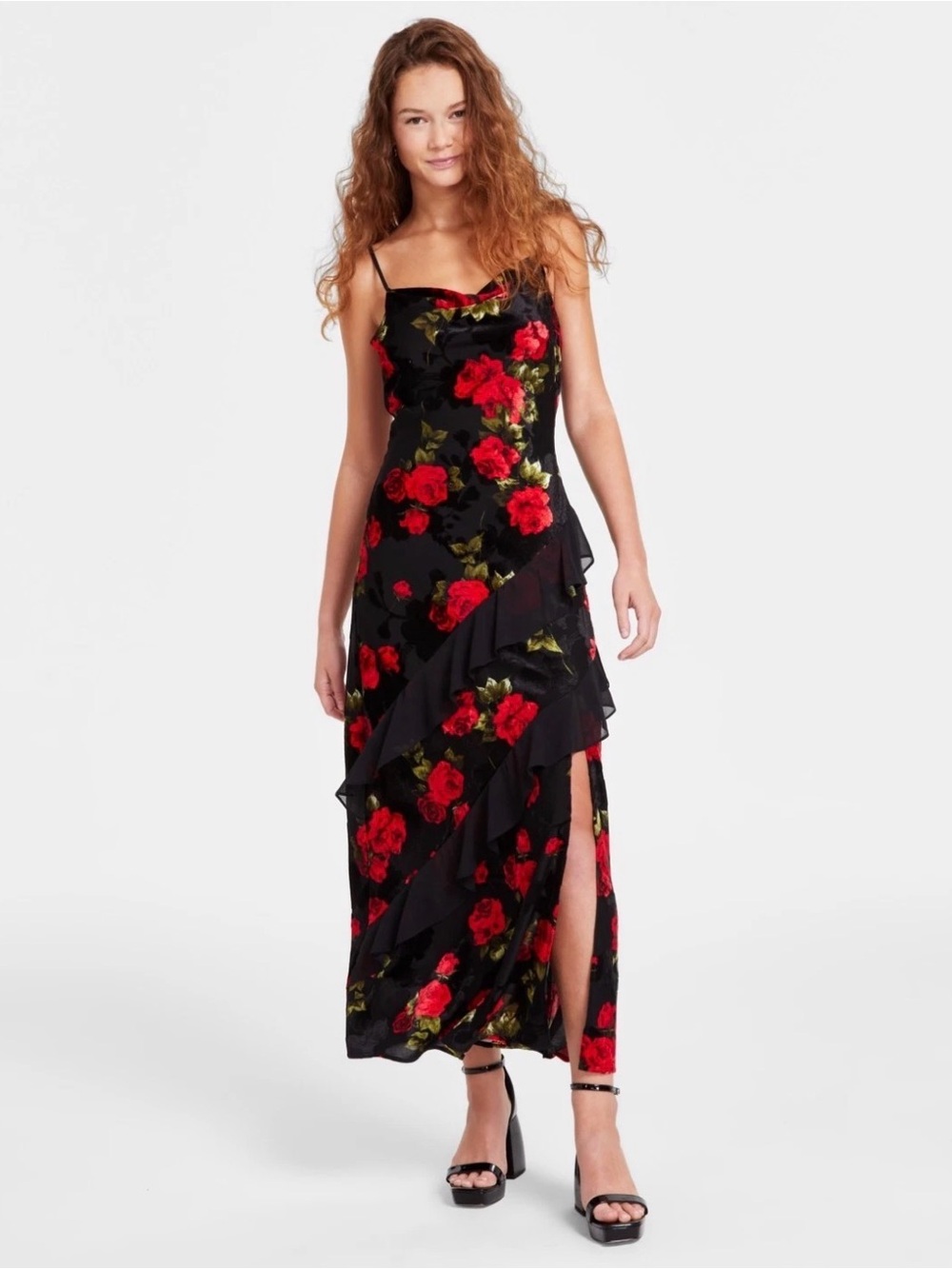 Tiered Ruffles Rose Print Velvet Burnout Maxi Dress Size XXS